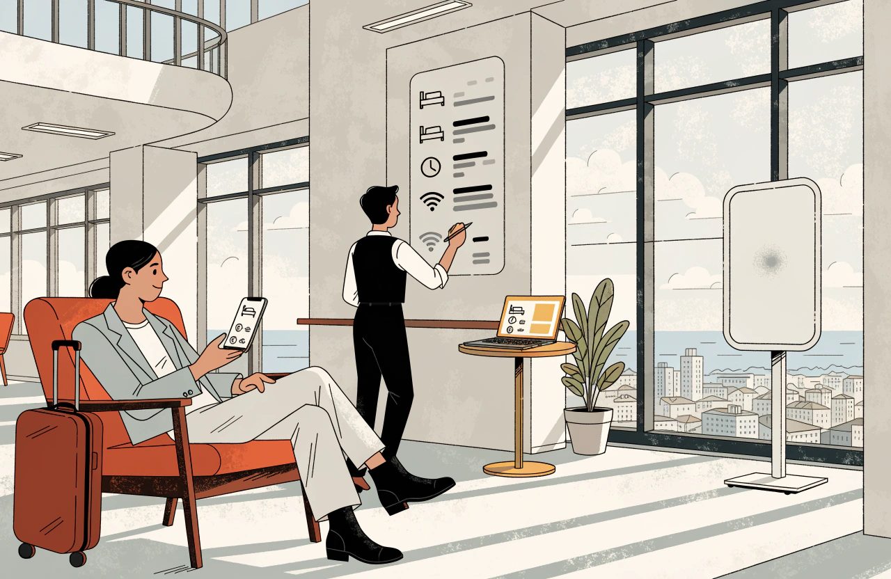 A traveller sits in a bright hotel lobby checking room details on her phone while a staff member updates a wall panel of room, time and wireless icons.