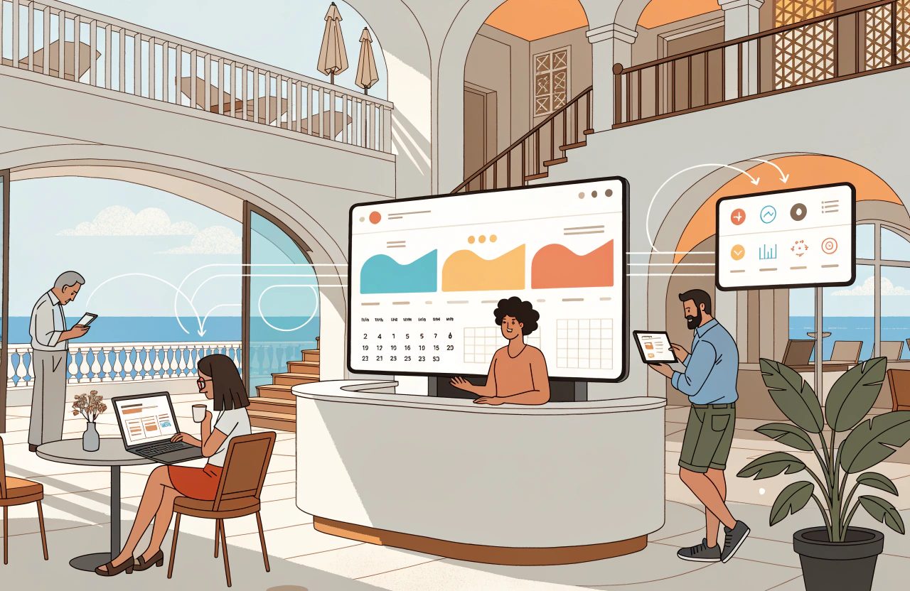 A receptionist stands behind a desk beneath a large floating browser panel of coloured charts and a calendar, while guests nearby use a laptop, tablet and phone.