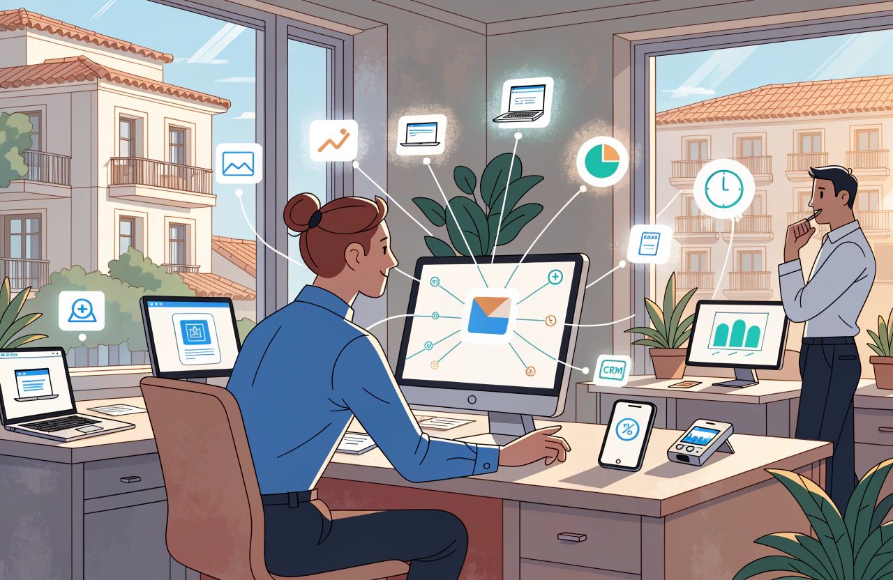 A marketer at a desktop screen surrounded by floating icons for photos, charts, documents, timing and CRM, with a phone and card terminal on the desk beside her.
