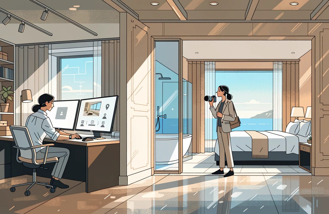 Split scene: a person at a desk edits a room listing on two screens, while in the next room a photographer photographs a sea-view bedroom and bathroom.