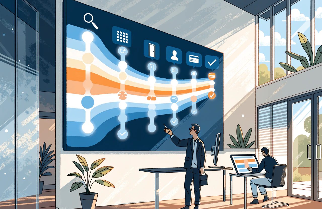 A man points at a large wall screen showing a wide flowing funnel narrowing through calendar, door, guest, card and tick icons, while a colleague works at a laptop.