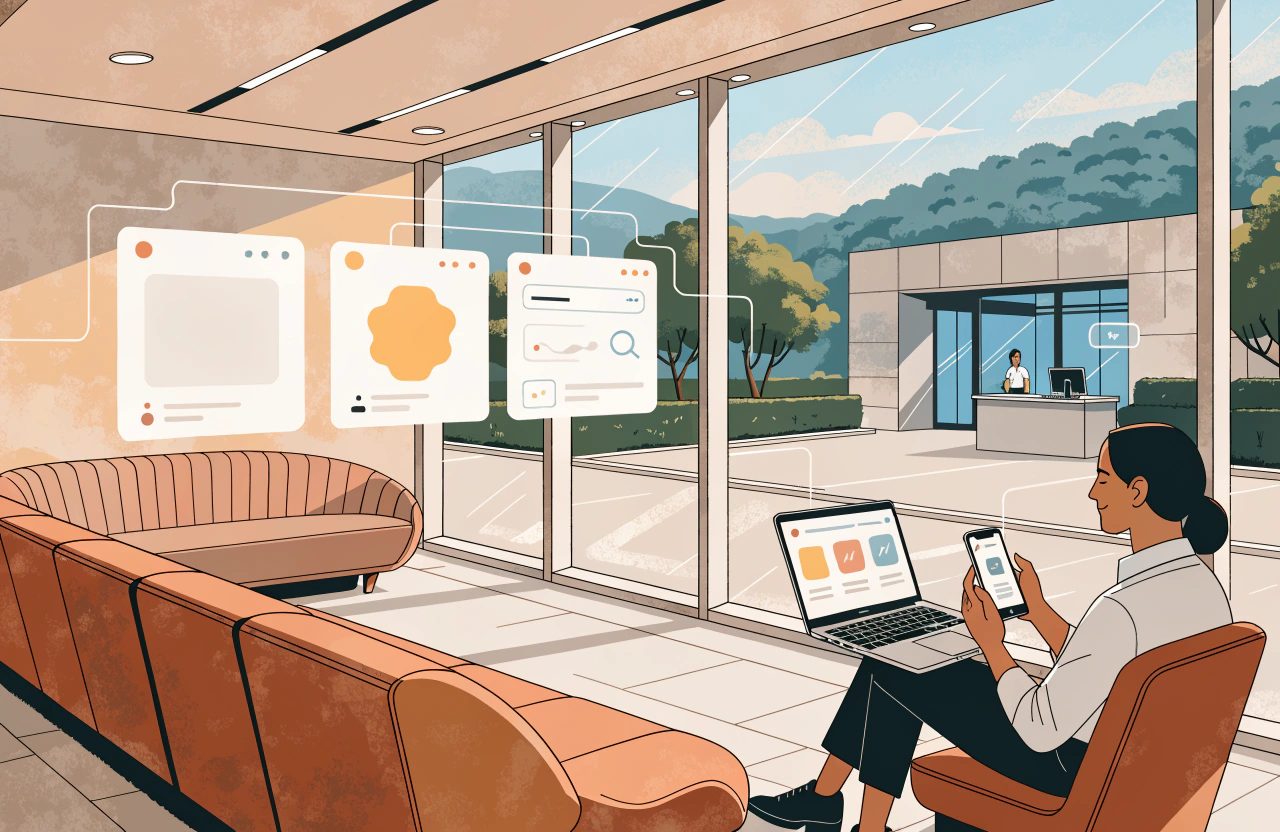 A woman sits in a hotel lounge with a laptop and phone, facing three floating browser windows, one showing an orange badge and one a search panel.