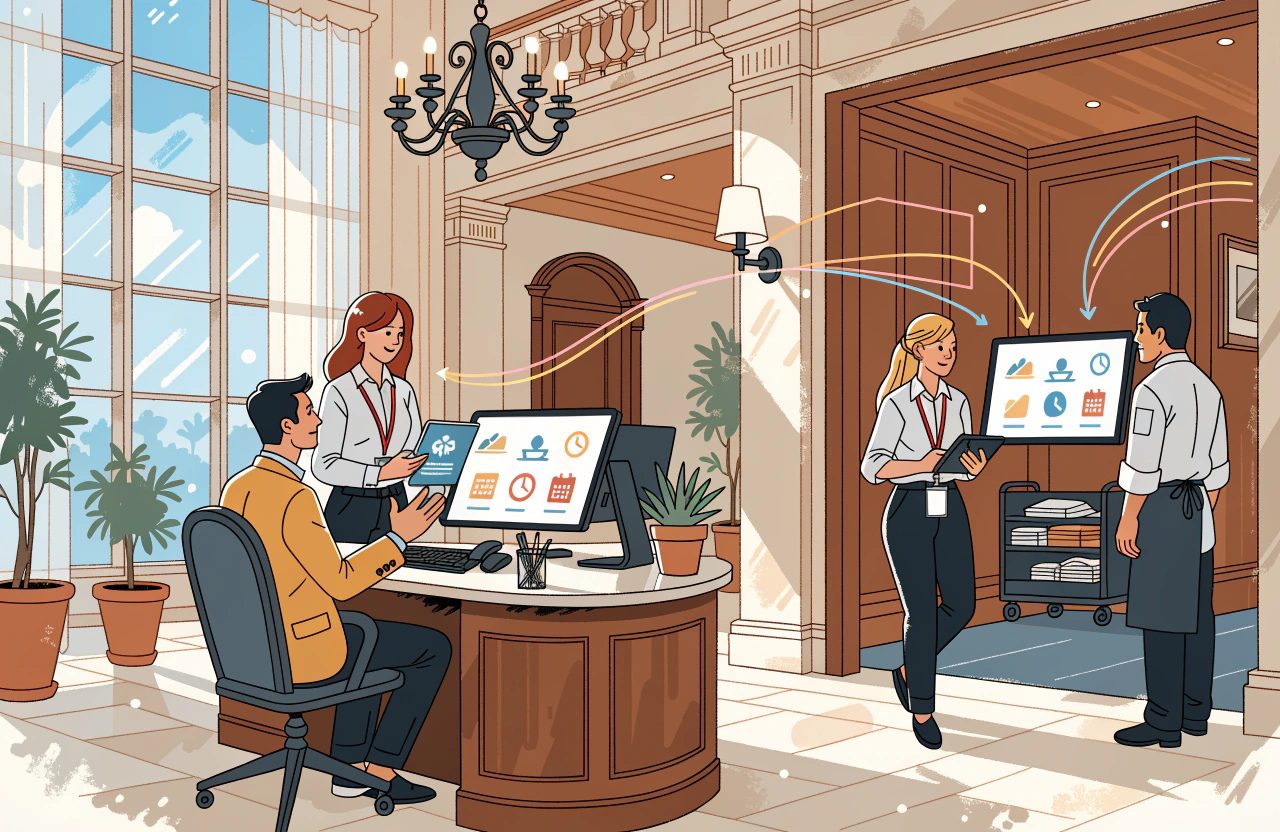In a grand lobby a receptionist shows a guest a screen of chart, guest, clock and calendar icons, with coloured arrows carrying the same icons to staff nearby.