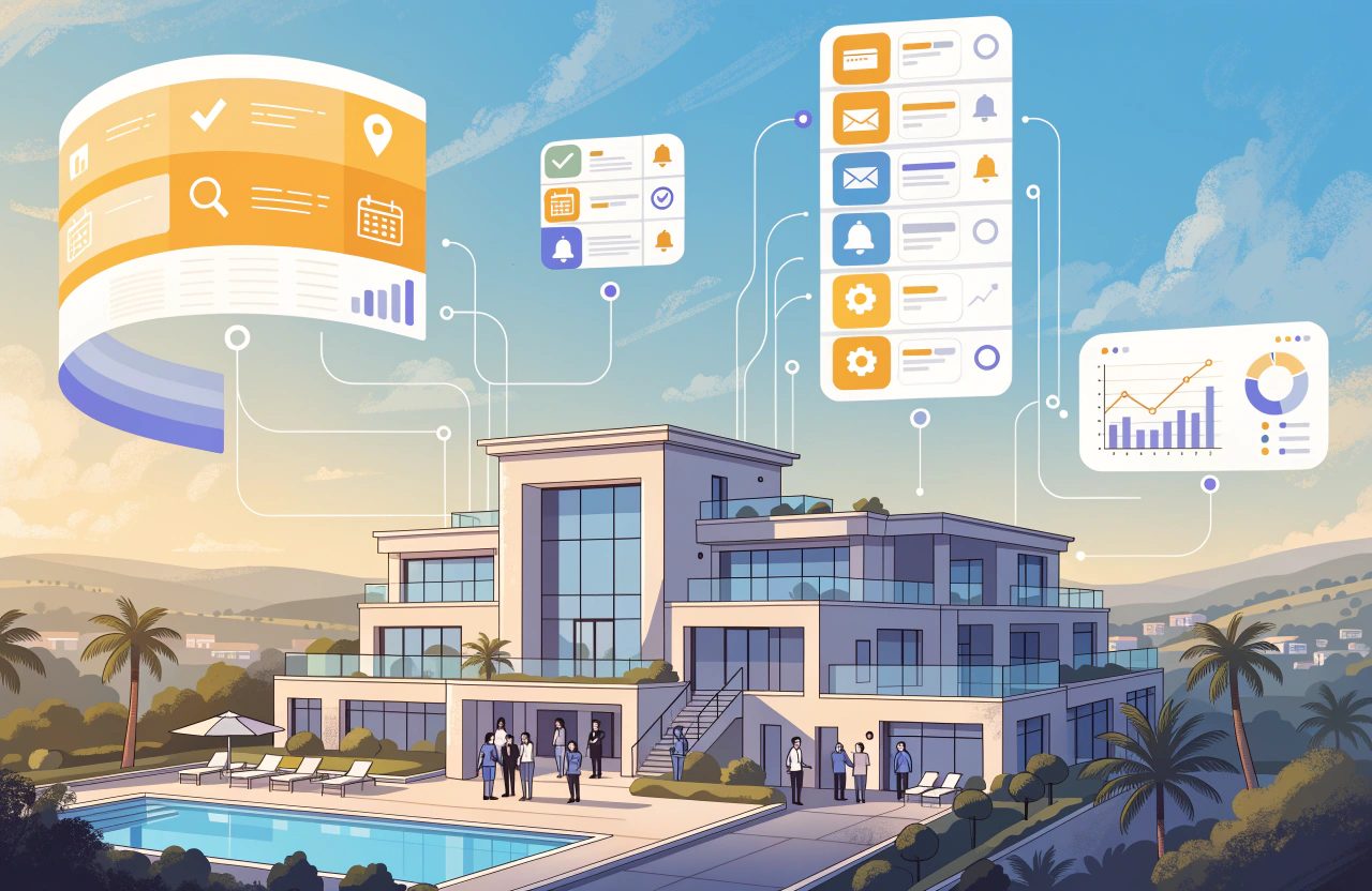A modern hillside hotel with a pool and palms, with floating panels for search results, messages, settings and charts connected to it by fine white lines.