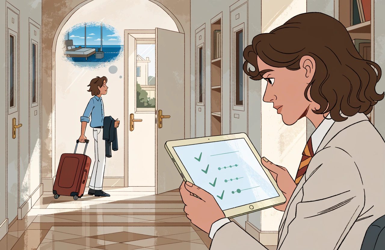 A guest with a suitcase looks into a room while imagining a sea view, as a staff member nearby reads a tablet showing rows of green ticks.