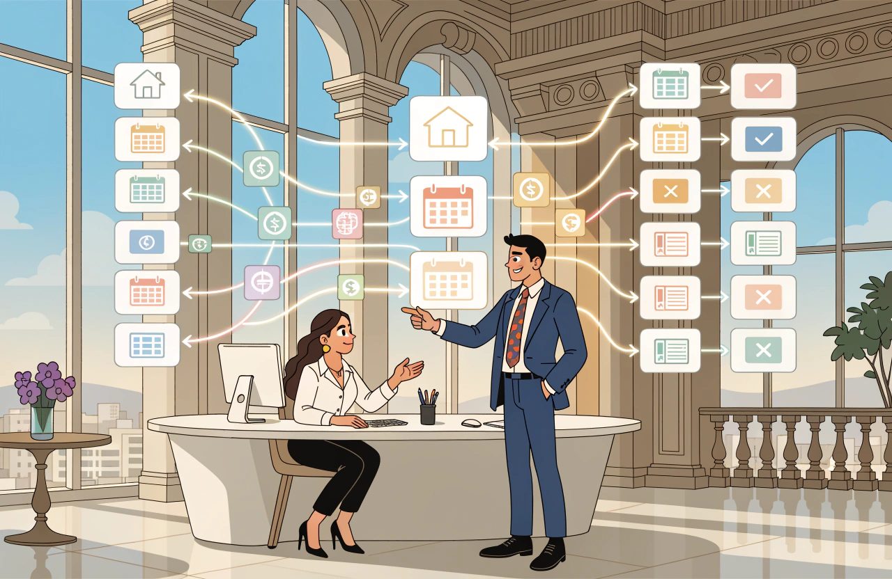 Two hotel managers talk beside a desk while calendar, price and confirmation cards flow outward to one side and back from the other along curved lines.