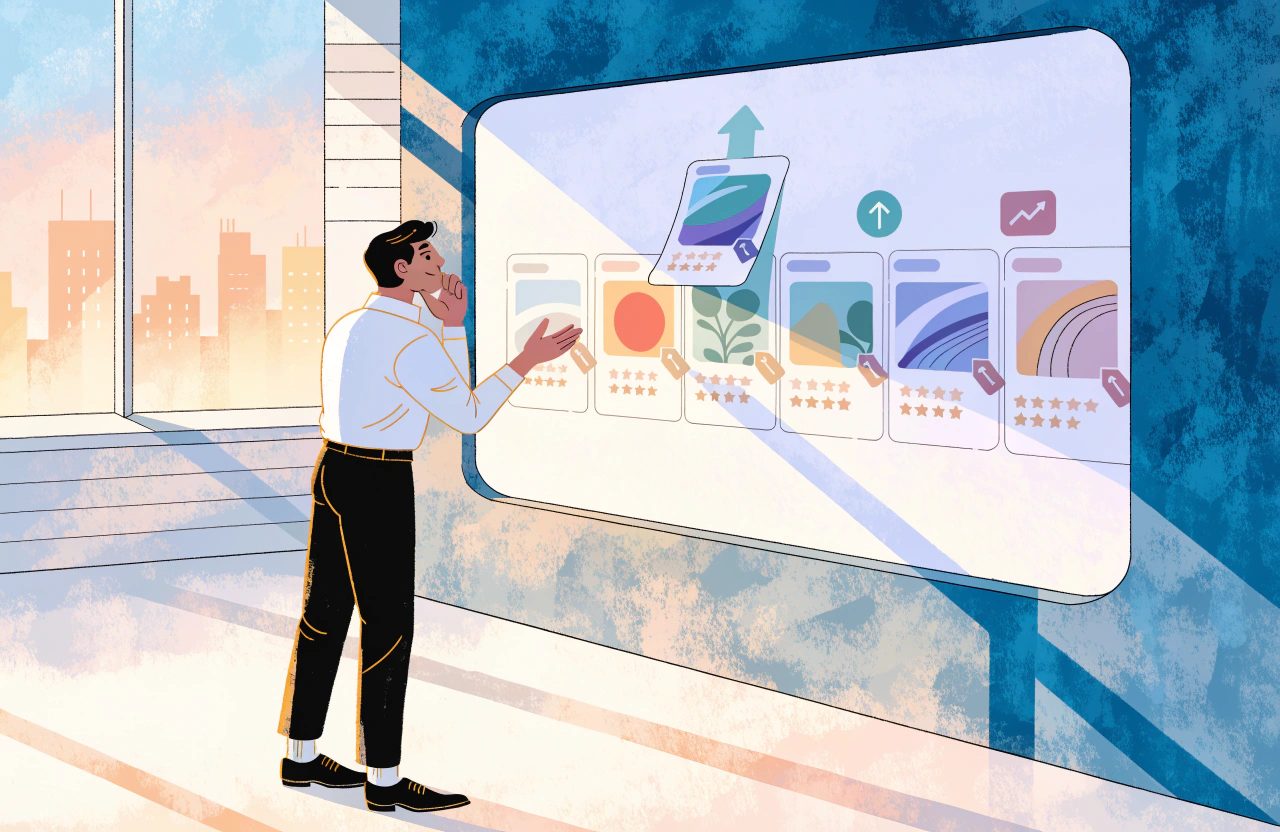 A man studies a large display of hotel listing cards with star ratings and price tags, one card lifted above the row beside an upward arrow.
