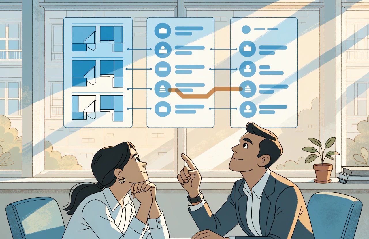 Two colleagues look up at three linked panels of room plans and list entries, where one orange connector crosses to the wrong row among the blue ones.