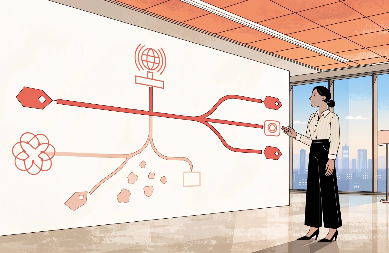 A woman faces a wall diagram where a bold red line from a broadcast icon branches to three price tags, while a pale branch drifts away below.
