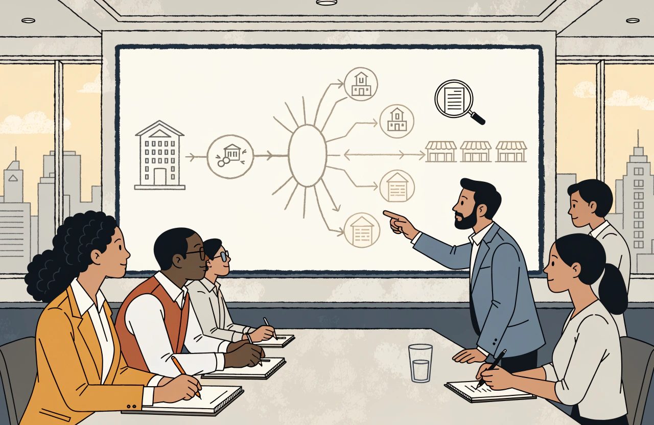 A presenter points at a boardroom whiteboard where a hotel icon feeds a hub that branches to several resellers and shopfronts, watched by five colleagues.