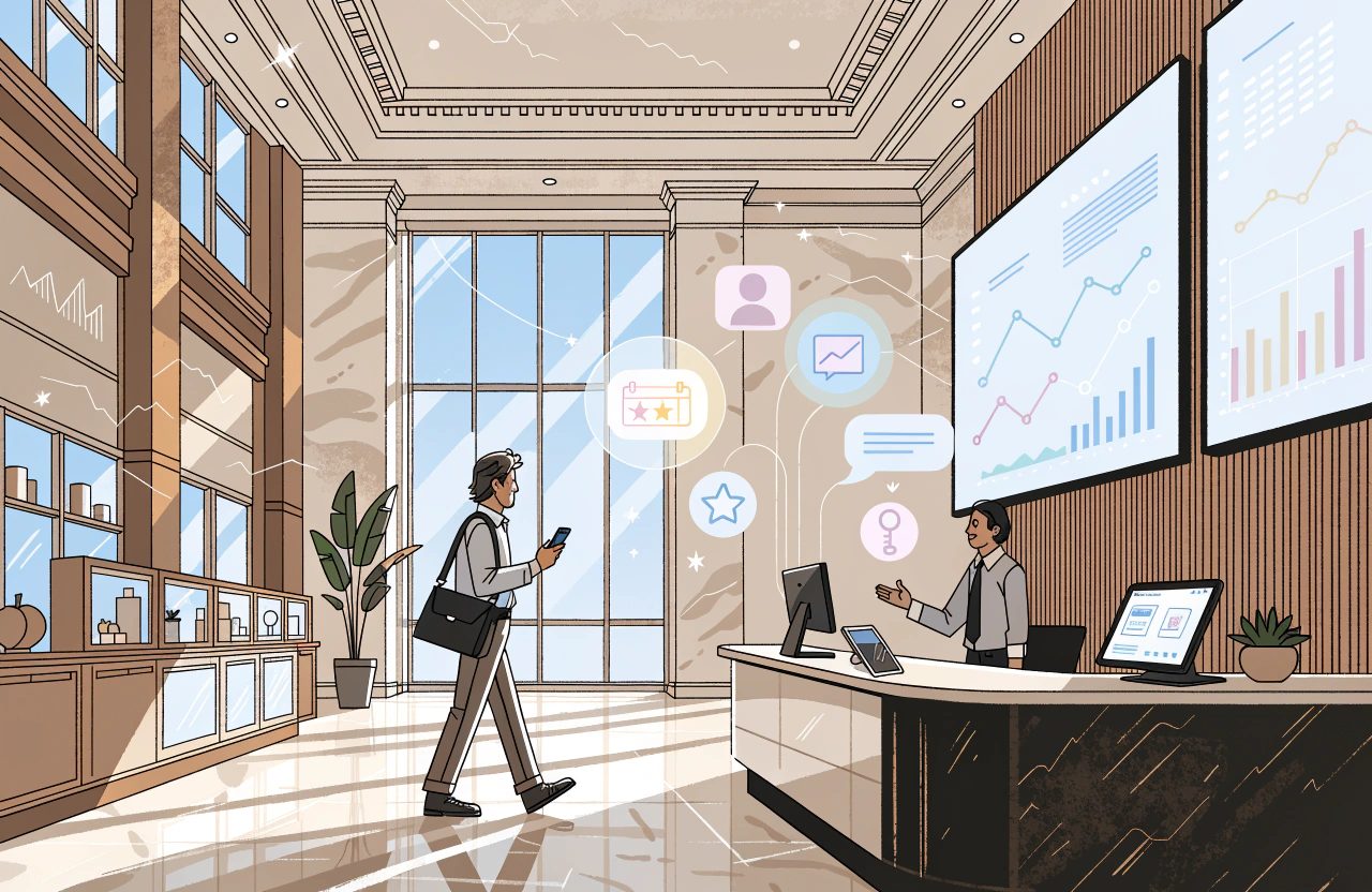 A bright hotel lobby where a guest walks past reception with a phone, while floating icons for profiles, messages, stars and keys hover near the desk and wall screens.