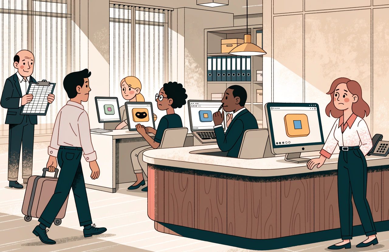 A guest with a suitcase walks past a back office where five colleagues each look at a different screen showing a different coloured version of the same record.