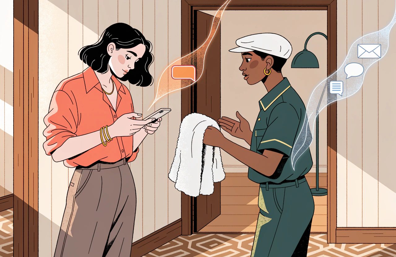 A guest reads her phone in a doorway while a member of staff hands over towels, with an orange speech bubble beside her and email and chat icons beside him.