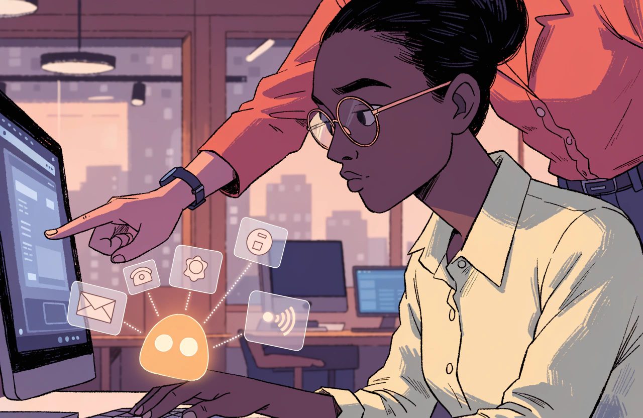 Two colleagues study a screen together, one pointing, while icons for email, phone, loyalty, payment and wi-fi are joined by dotted lines to a single glowing marker.