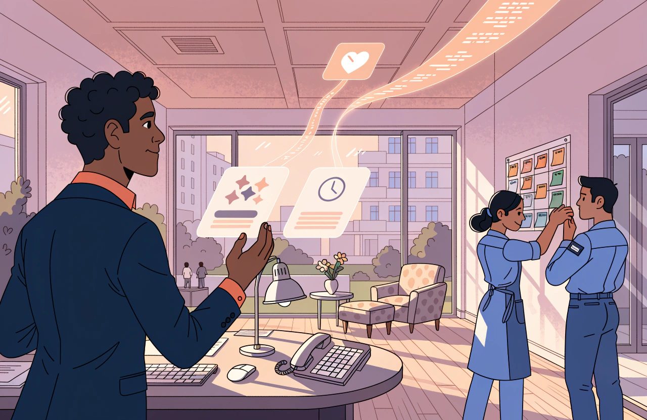 A manager in an office holds up two floating cards, one of stars and one of a clock, while two colleagues pin notes to a planning board nearby.