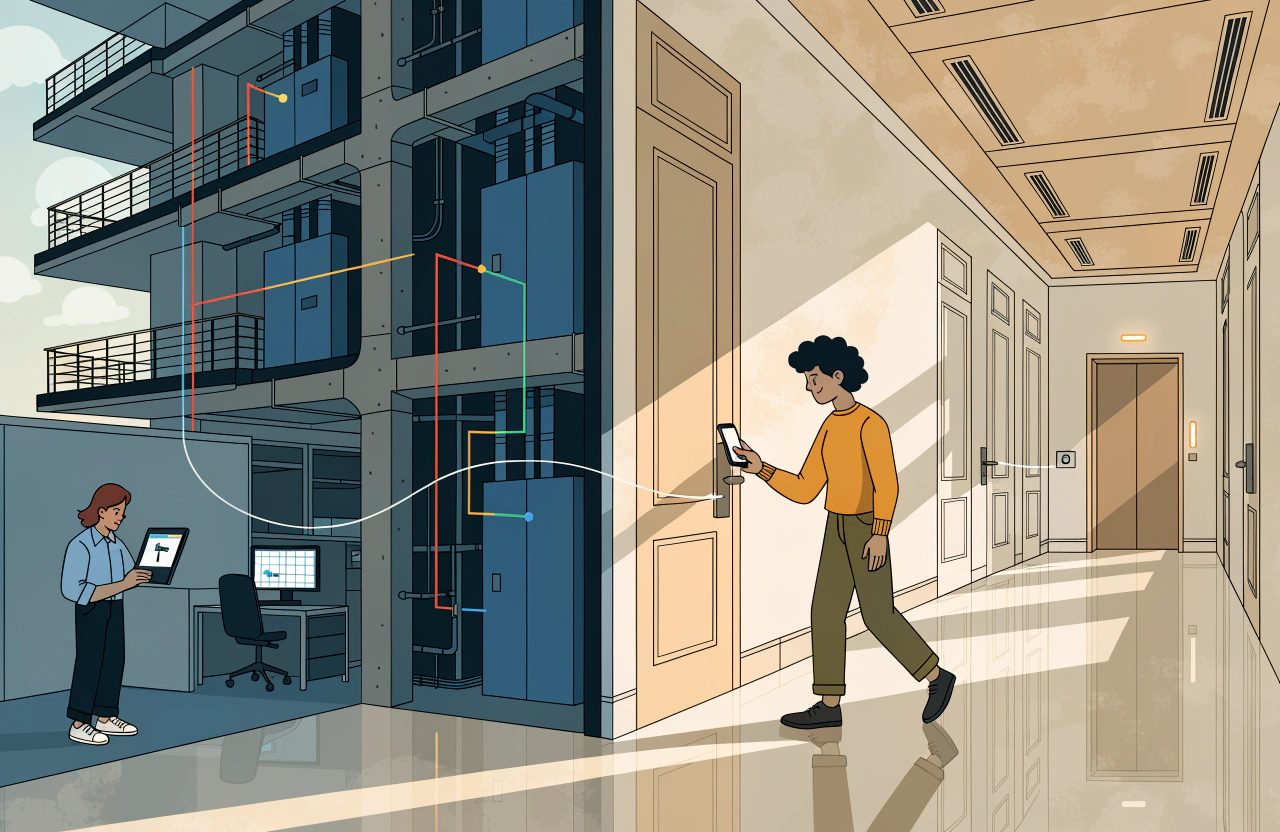 A guest holds a phone to a guest room lock in a corridor, with a cutaway showing riser cabling, lift shafts and a colleague issuing the key on a tablet.