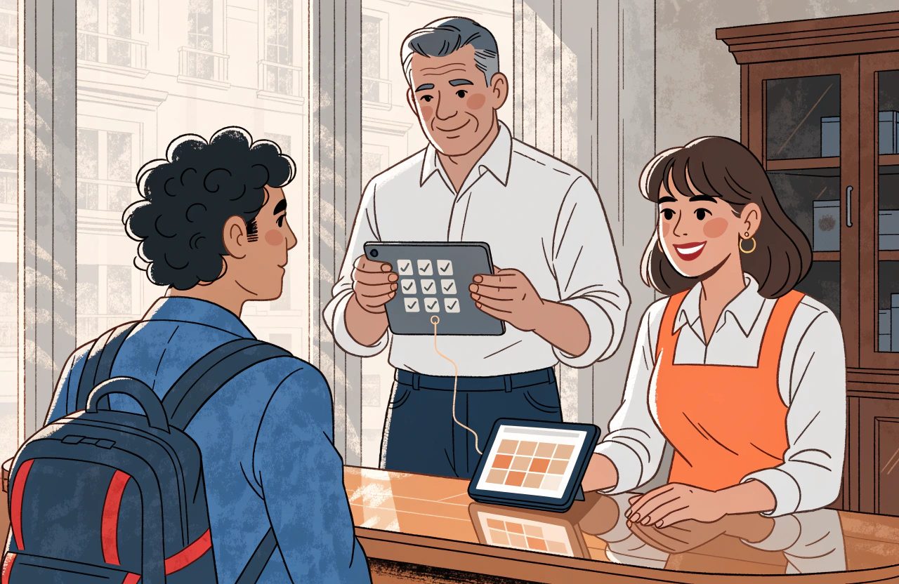 A guest with a backpack stands at reception while a manager holds a tablet of ticked boxes, linked by a line to a grid of rooms on the desk.