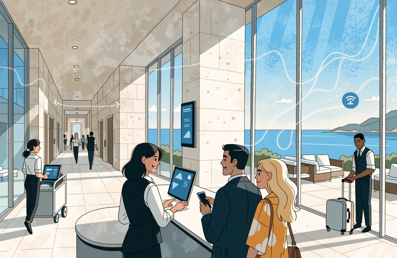 A bright hotel lobby by the sea where staff greet arriving guests with tablets, with fine lines linking reception, housekeeping and the systems around them.