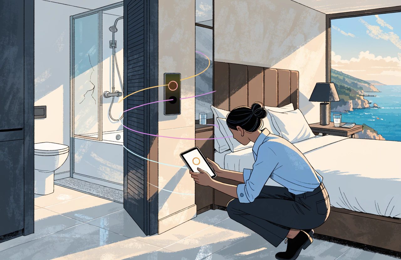 A housekeeper kneels beside the shower in a bright sea-view guest room, logging the fault on a tablet, with coloured lines carrying it out of the room.