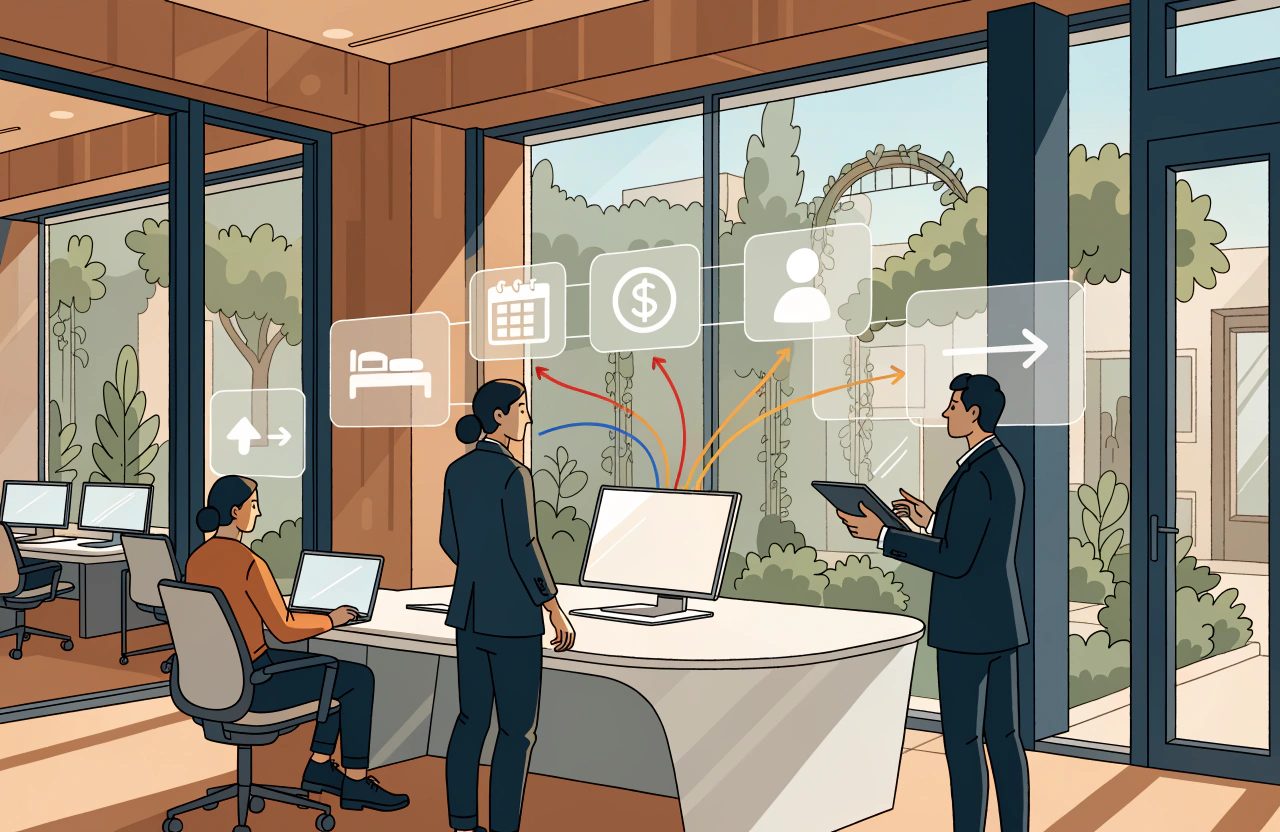 Hotel staff in a back office watch floating panels for rooms, dates, money and guests, with arrows running between them and the desk where the record is kept.
