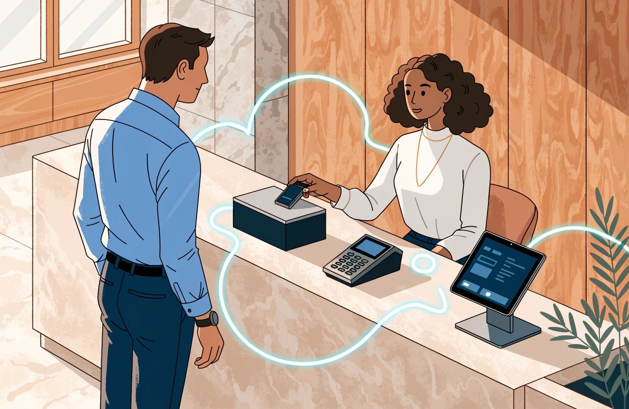 A guest taps a phone at a reception desk beside a card terminal and a screen, with a loop linking the hardware in the building to software running elsewhere.