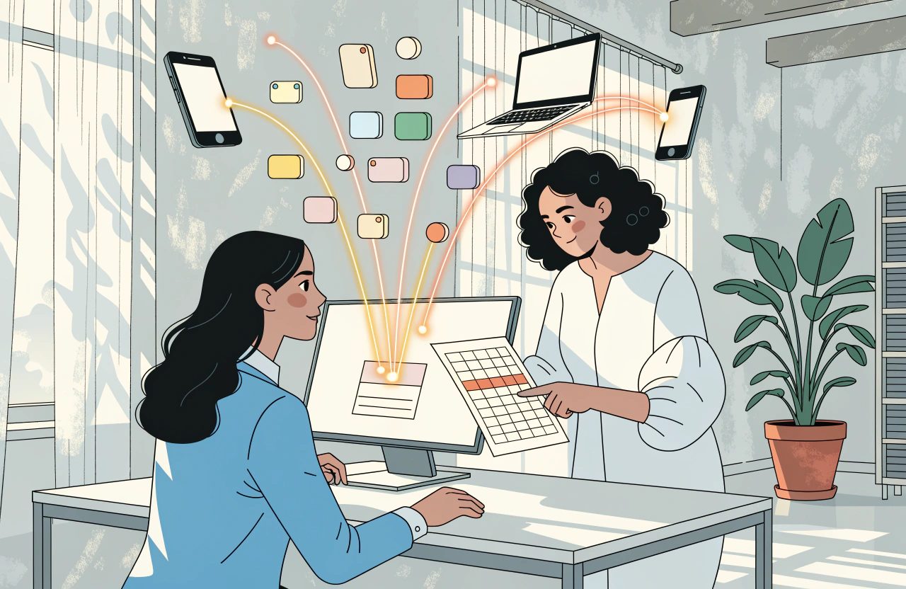 Two hotel staff work through a booking calendar at a desk while reservations arrive from phones and a laptop as coloured cards curving into the screen.