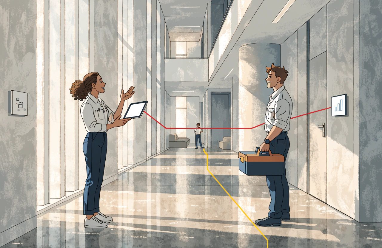 A housekeeper with a tablet hands a fault to a maintenance technician in a hotel corridor, with lines tracking it along the corridor to a room status panel.