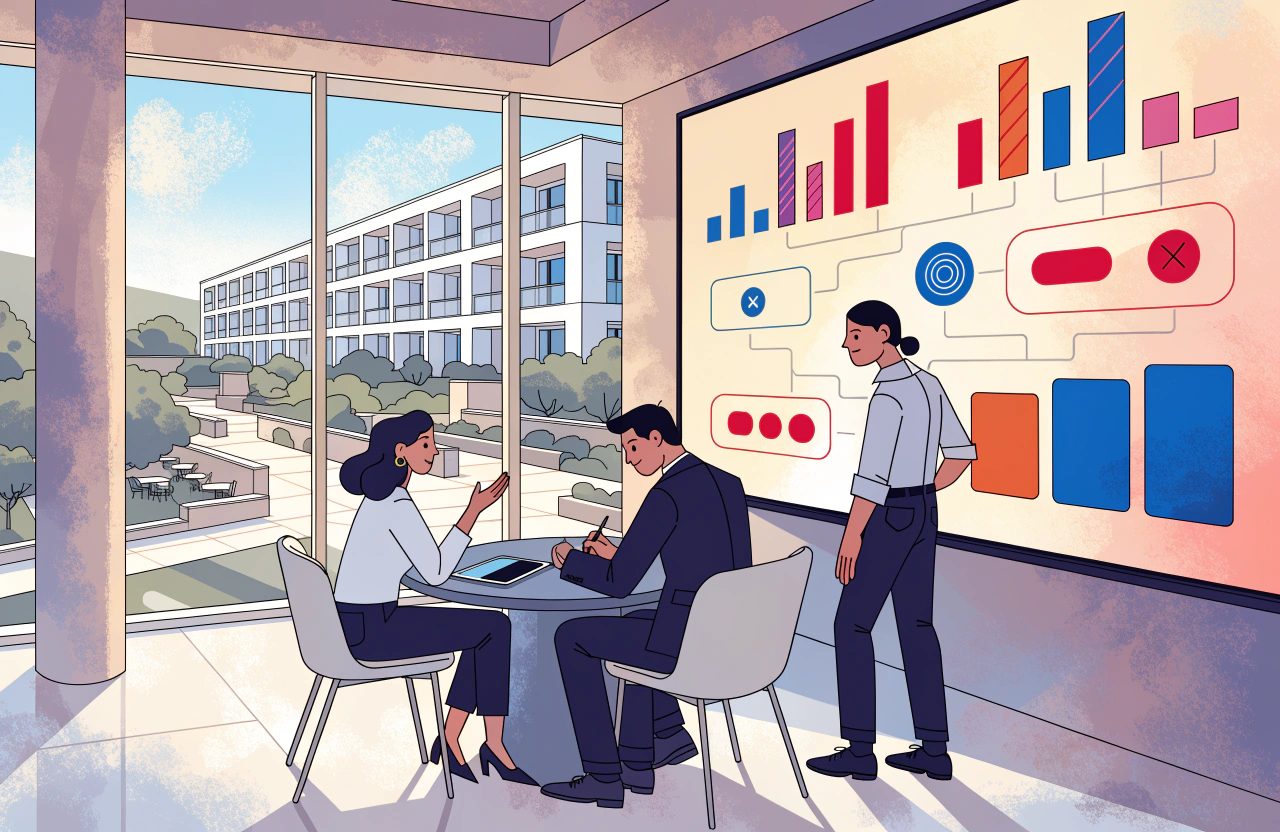 Three colleagues in a hotel meeting room read a wall display of bars, blocks and on-off controls that together decide how many rooms are sellable.