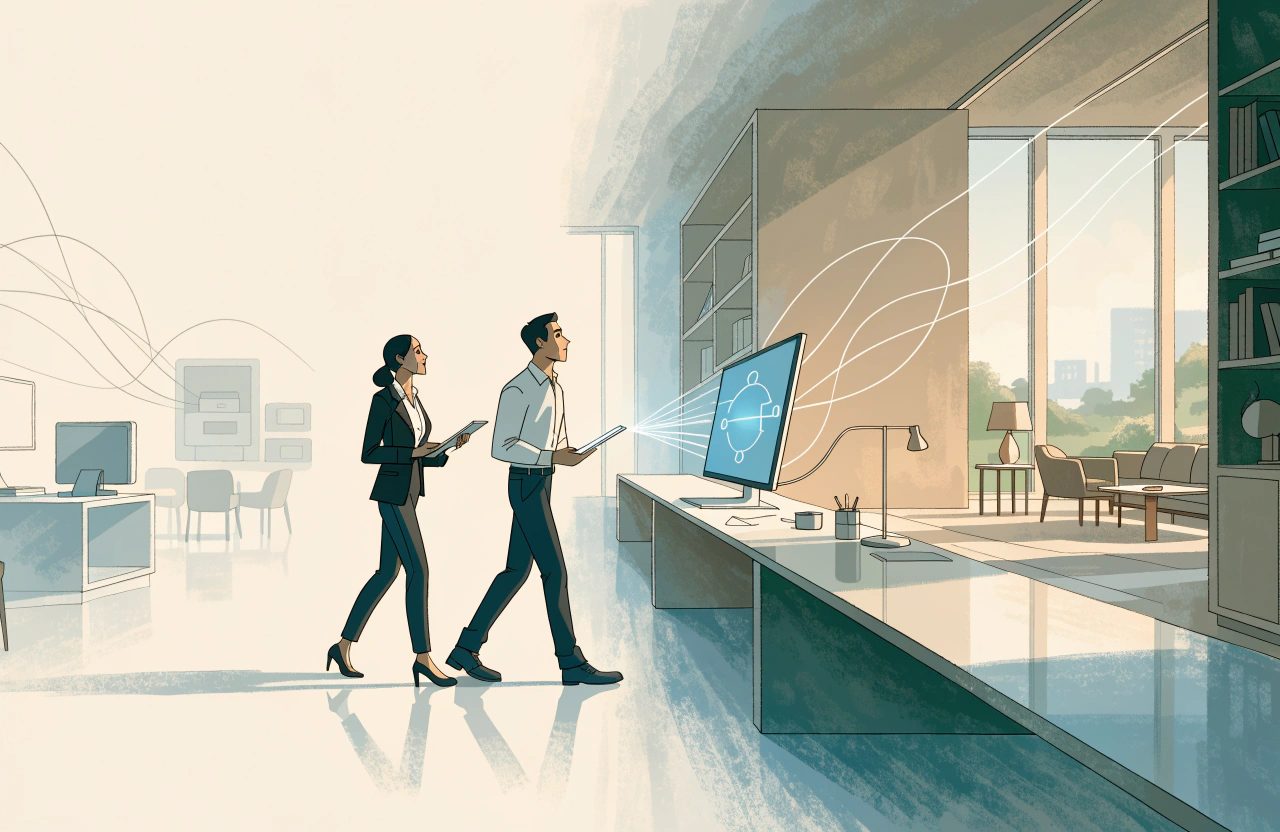 Two hotel managers walk away from an old back-office setup toward a single new screen, with their data drawn along behind them as flowing lines.