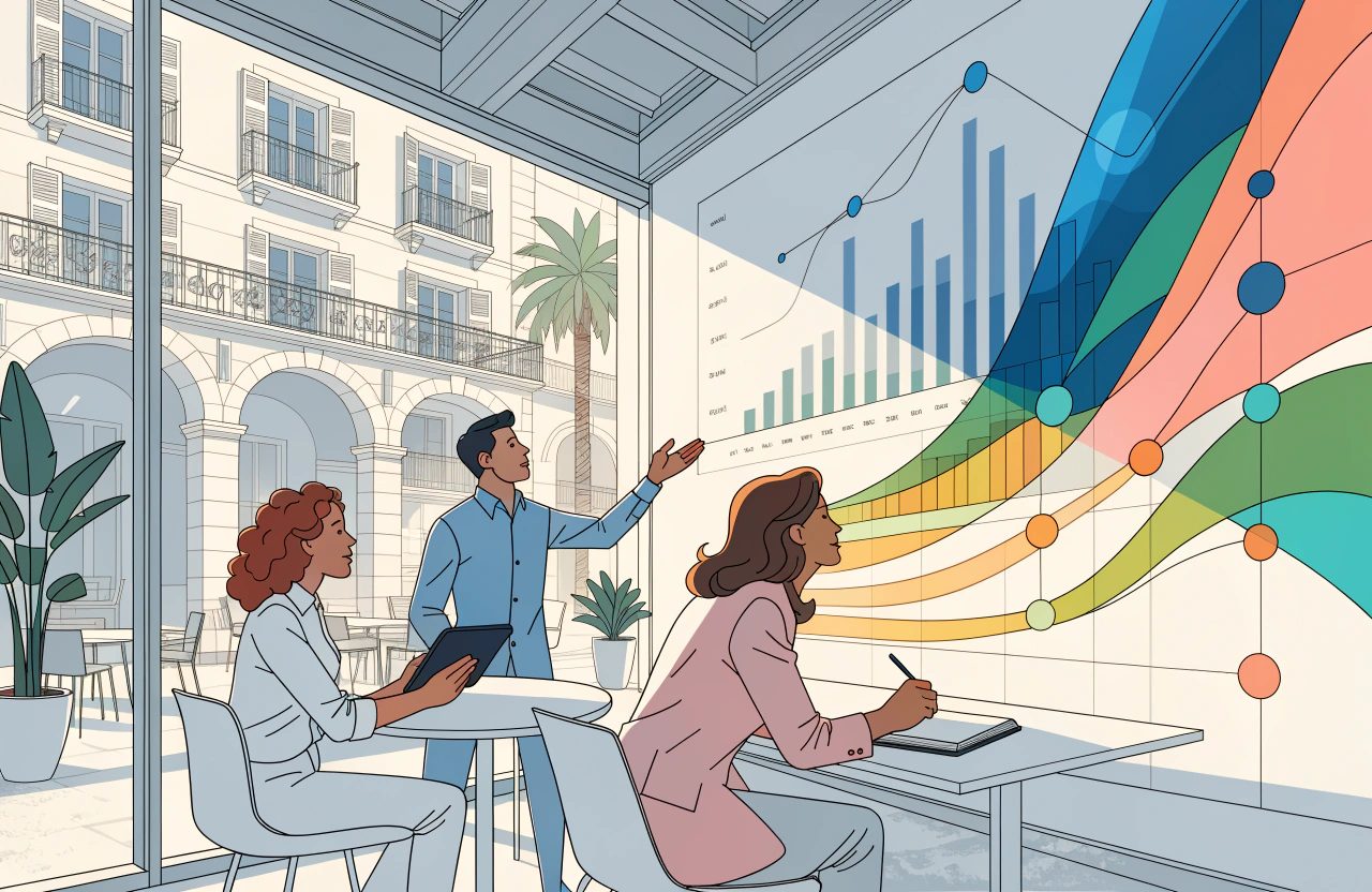 Three hotel colleagues in a bright glass-walled office study a wall of bar charts, trend lines and coloured ribbons, with a sunlit European square outside.