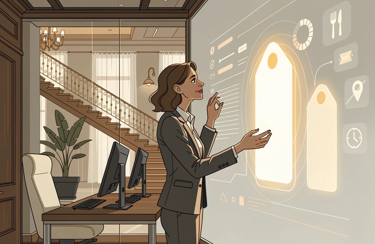 A hotel manager in a lobby reaches toward two glowing price tags on a screen, ringed by icons for meals, location, time and a discount voucher.
