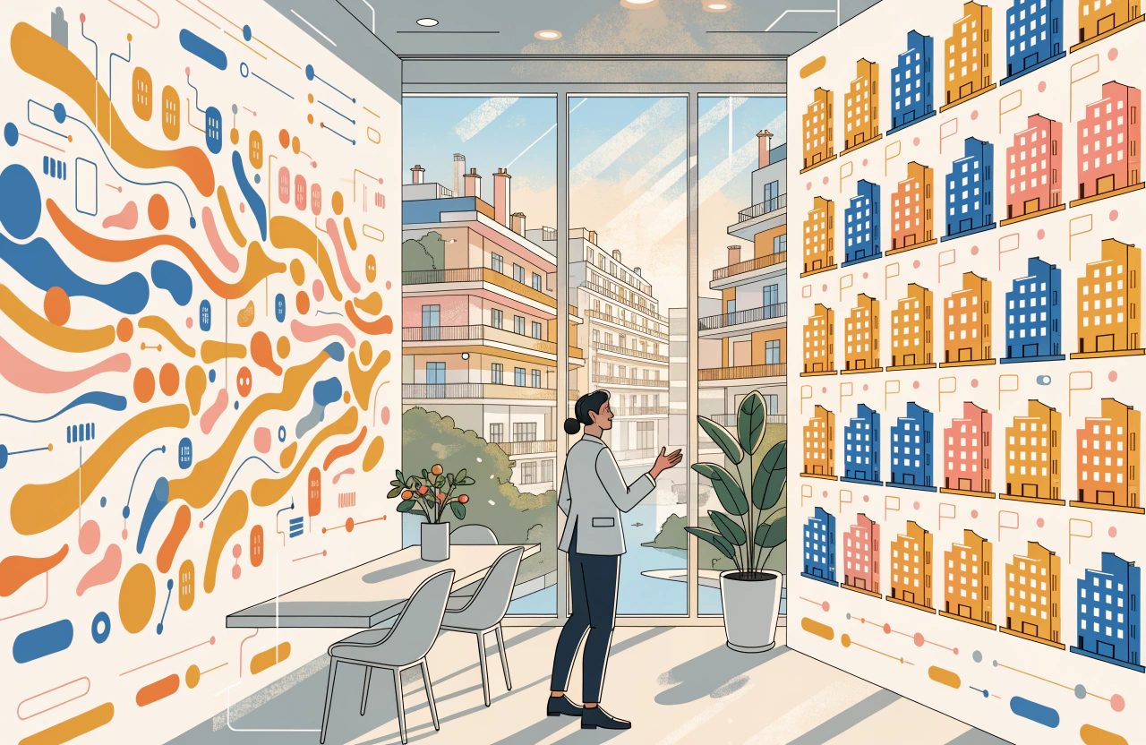 A hotel manager stands between two walls: one covered in loose flowing shapes, the other in a neat grid of identical hotel building icons.