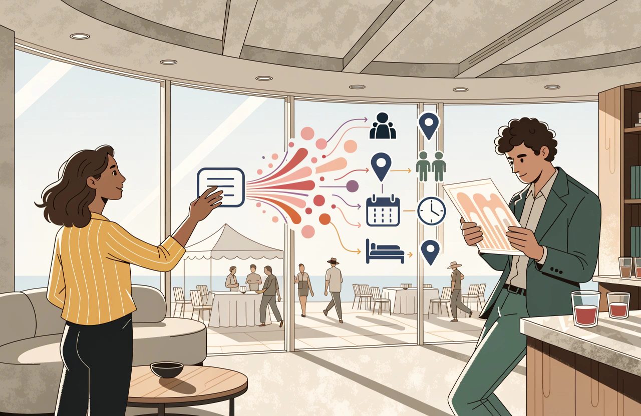 A woman touches a plain calendar card that bursts into arrows toward icons for crowd size, origin markets, companions, booking window and length of stay.