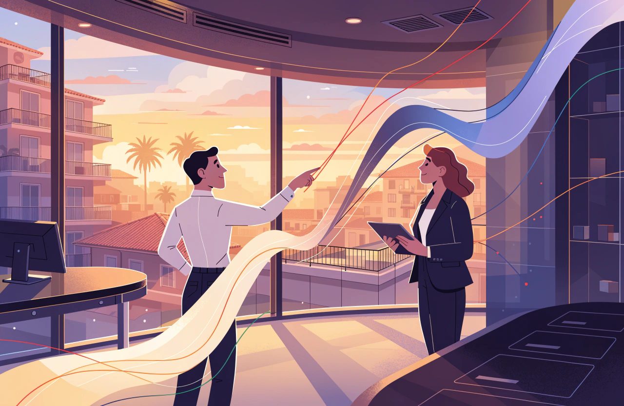 Two hotel colleagues at a panoramic office window at sunset trace ribbons of light that curve apart, one thin red line rising while a broad pale band falls.