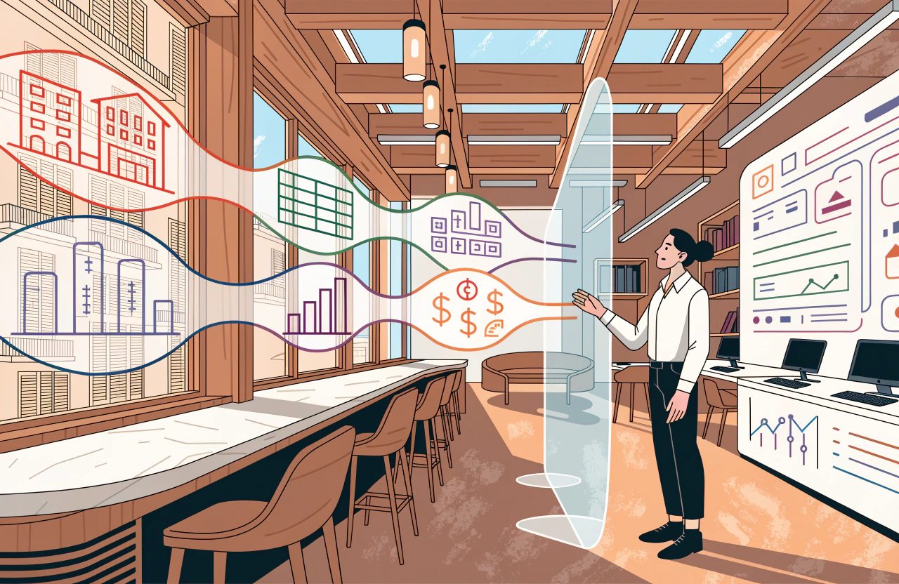 Coloured streams from hotel buildings, a spreadsheet grid, bar charts and currency symbols pass through a single upright glass pane into one dashboard, where a woman stands.