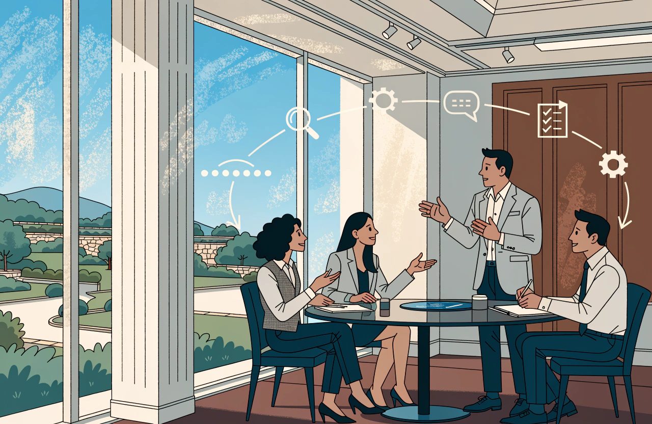 Four colleagues talk around a meeting table by a garden window, under a looping arrow linking icons for search, processing, discussion, a checklist and back again.