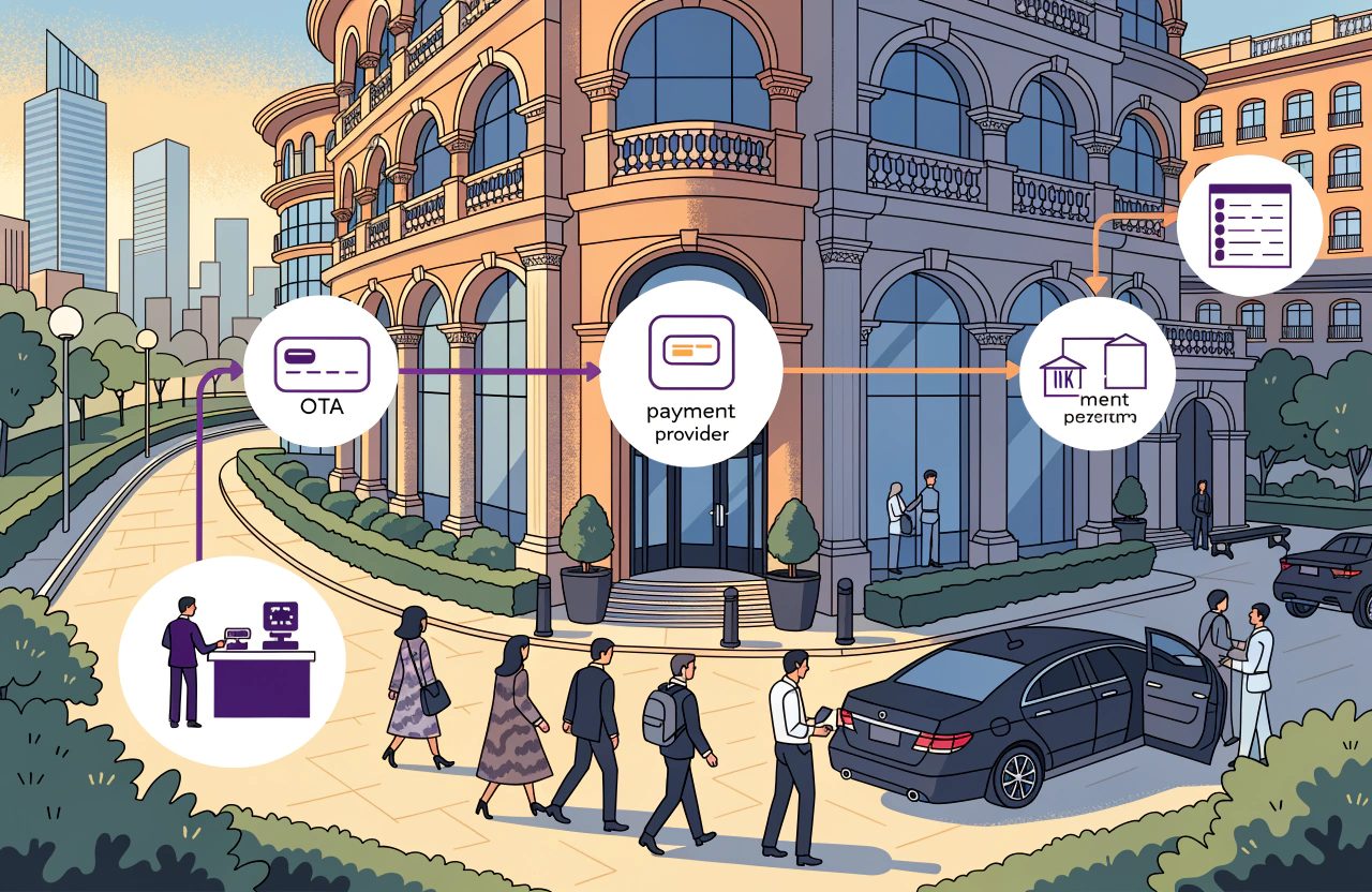 Guests arrive at a grand city hotel while linked circular icons for a booking desk, an OTA card, a payment provider, a bank and a report trace the money.