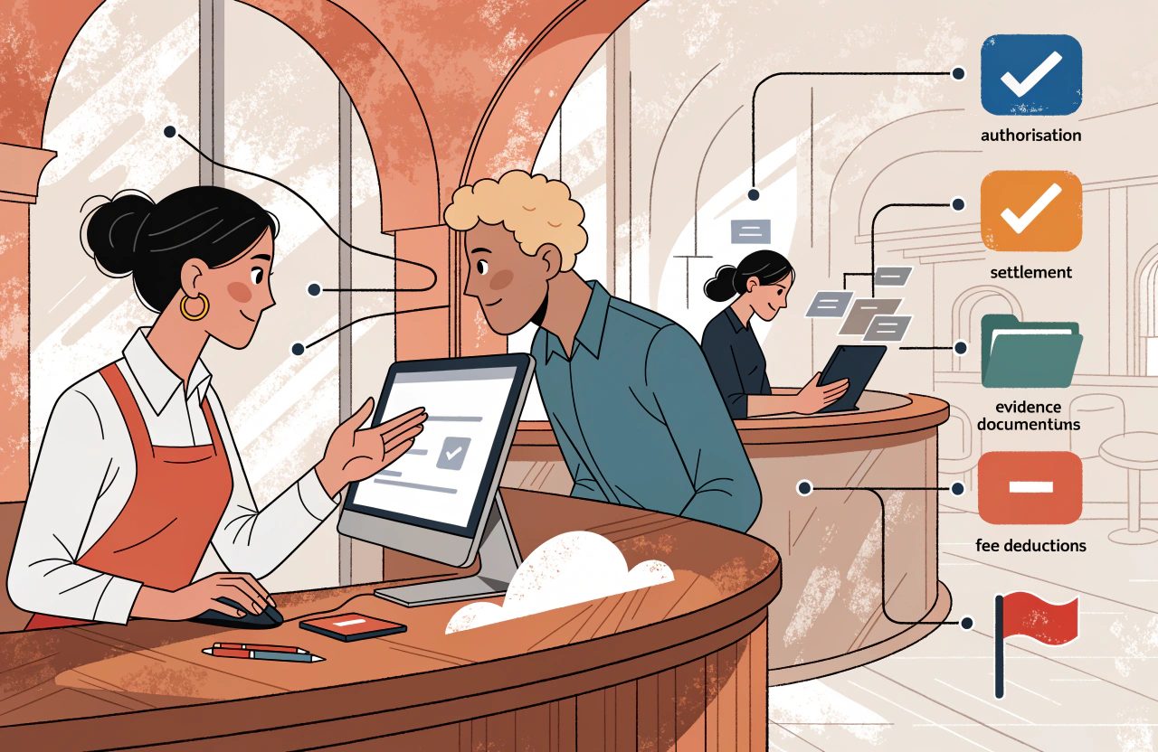 A receptionist turns a screen towards a guest at a curved wooden desk, with labelled tiles for authorisation, settlement, evidence documents, fee deductions and a red flag alongside.