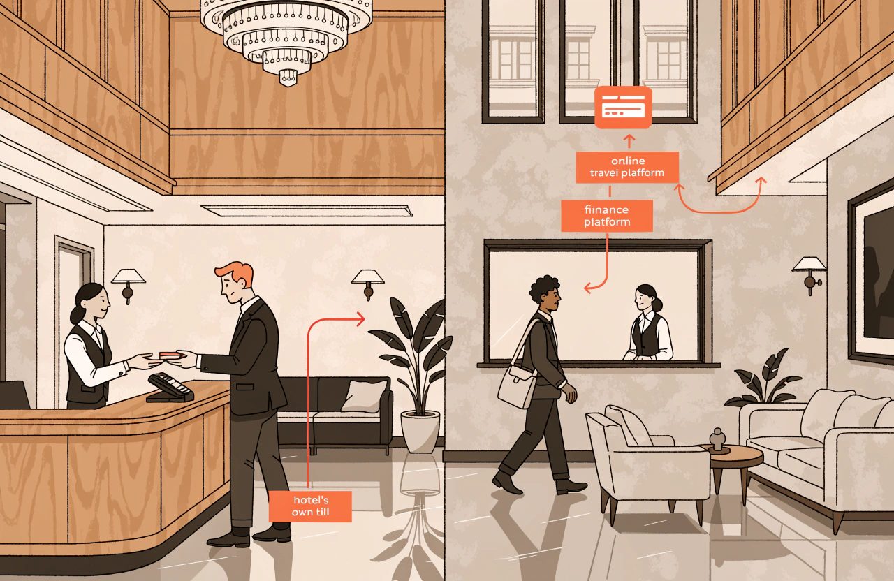 A split hotel lobby scene: on the left a guest hands a card to reception marked hotel's own till, on the right arrows point to online travel and finance platforms.