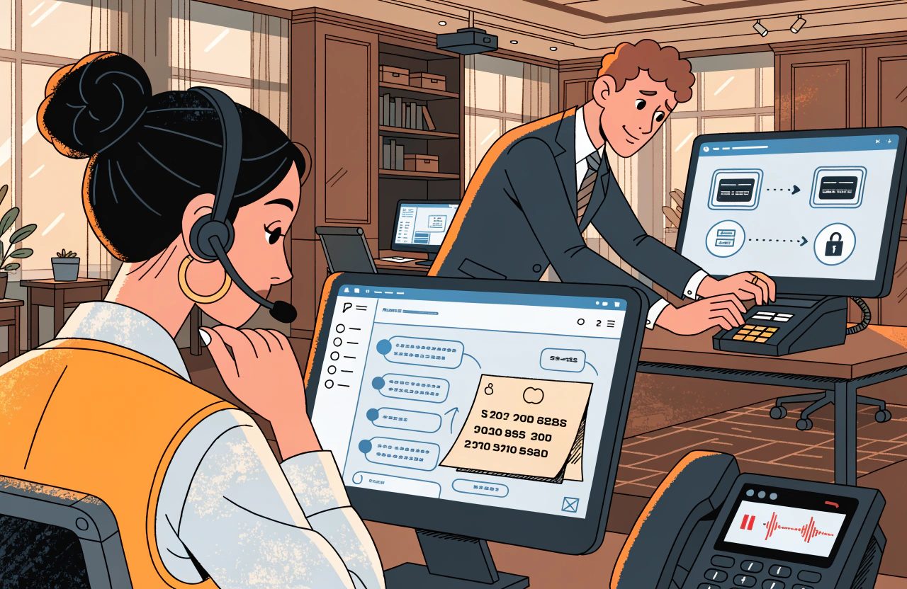 In a back office a headset agent views a screen holding a note of card digits, while behind her a colleague works at a tokenisation diagram, keypad and recording phone.