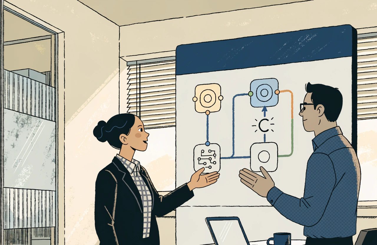 Two colleagues stand at an office whiteboard discussing a diagram of coloured boxes joined by lines, each holding a token symbol, with a chip icon on one card.