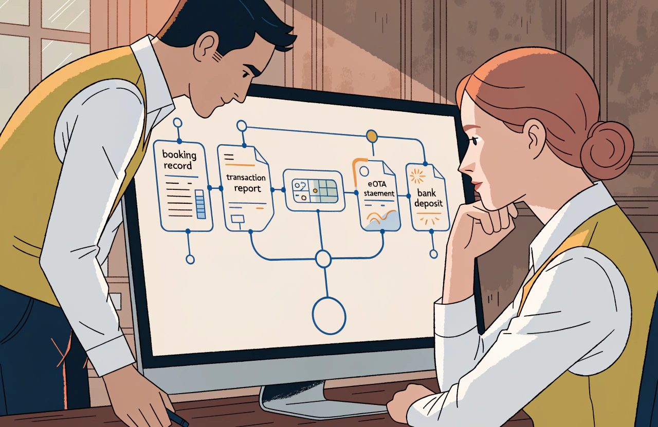 Two finance colleagues study a large monitor showing linked documents labelled booking record, transaction report, OTA statement and bank deposit, joined by lines to a single node.