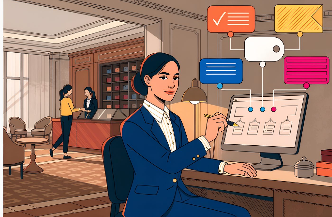 A hotel manager at a lobby desk annotates a screen of four document cards, linked upward to coloured panels showing a tick list, an envelope, a tag and text blocks.