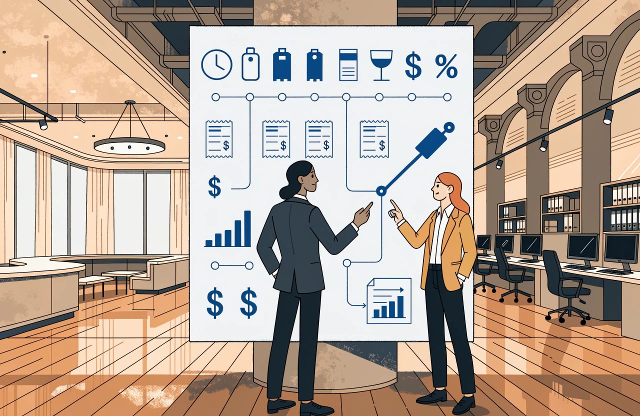 Two colleagues point at a large board in an open-plan office where icons for charges feed into receipts, currency symbols, bar charts, a rising arrow and a report.