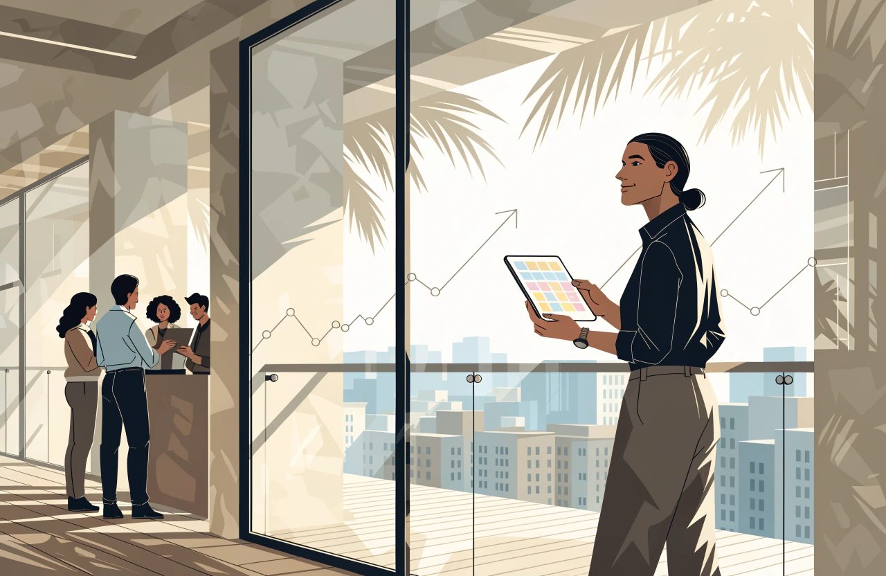 A revenue manager stands on a sunlit hotel terrace holding a tablet showing a coloured pricing calendar, with rising line graphs, a city skyline and colleagues behind glass.
