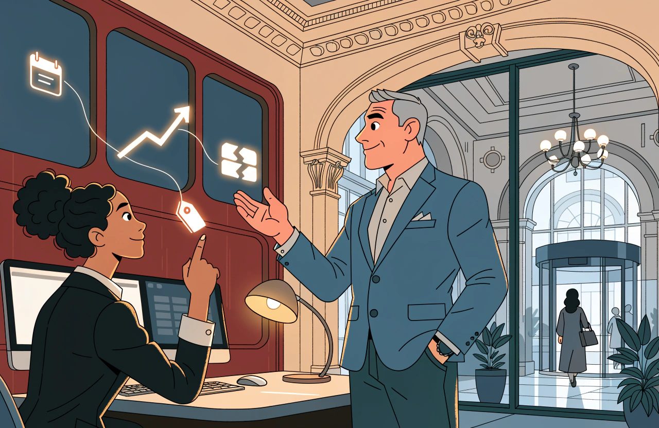 A hotel manager and a colleague at a desk trace a glowing line from a price tag icon back to a calendar, a demand graph and a cancelled block of rooms.