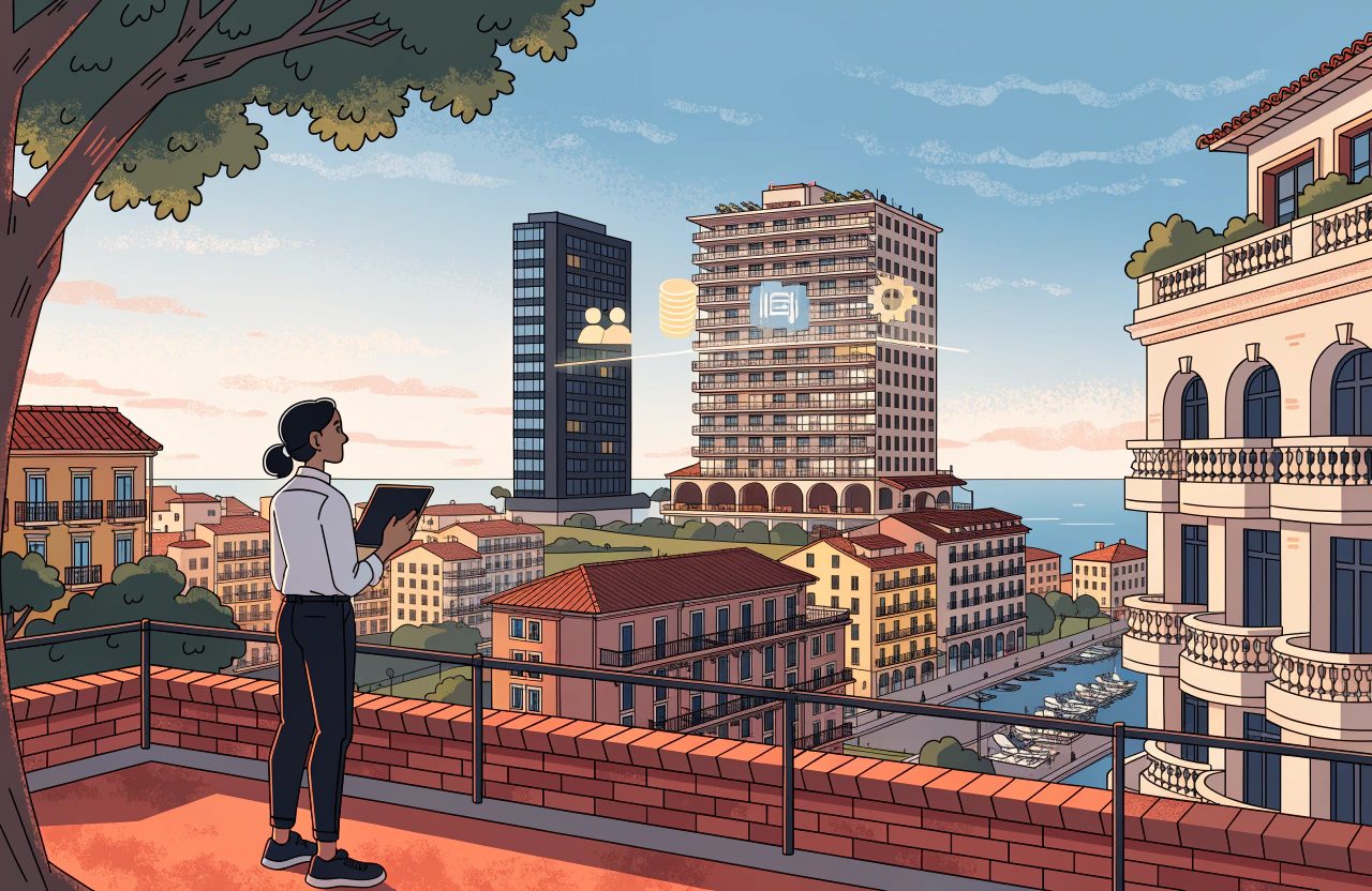 A woman with a tablet looks from a terrace across a Mediterranean harbour town at two contrasting hotel buildings, with small icons for guests, money and services floating between them.