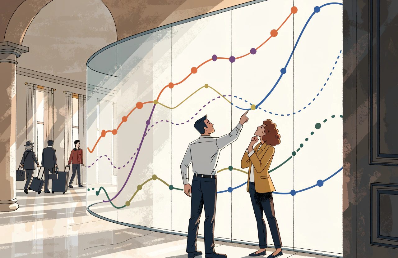 Two colleagues study a curved glass wall in a hotel lobby covered with several coloured booking curves, some solid and some dashed, while guests arrive with luggage behind them.