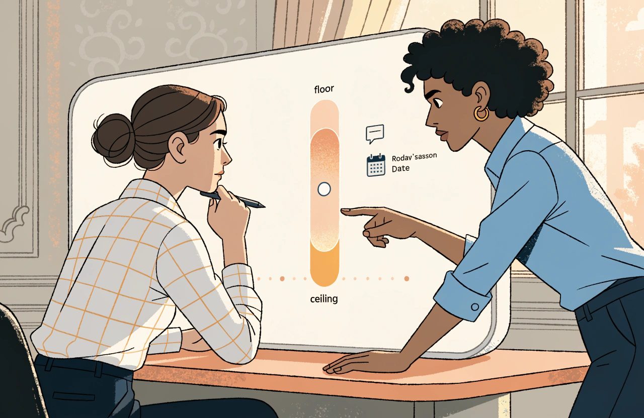 Two colleagues at a table discuss a large screen showing a price marker on a vertical scale between a floor and a ceiling, beside a comment note and a review date.
