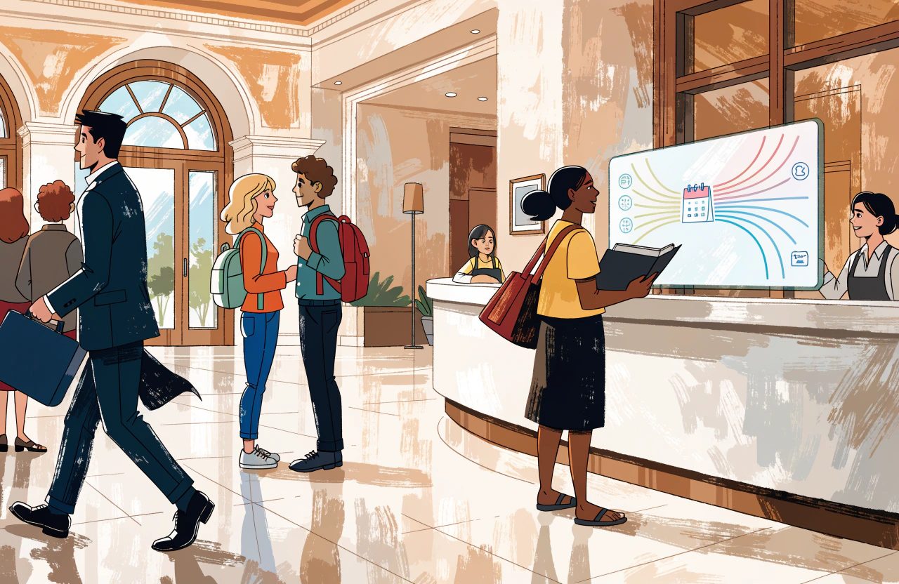 Different guests cross a hotel lobby, a business traveller, two backpackers and a woman at reception, beside a screen where coloured lines fan out from a calendar.
